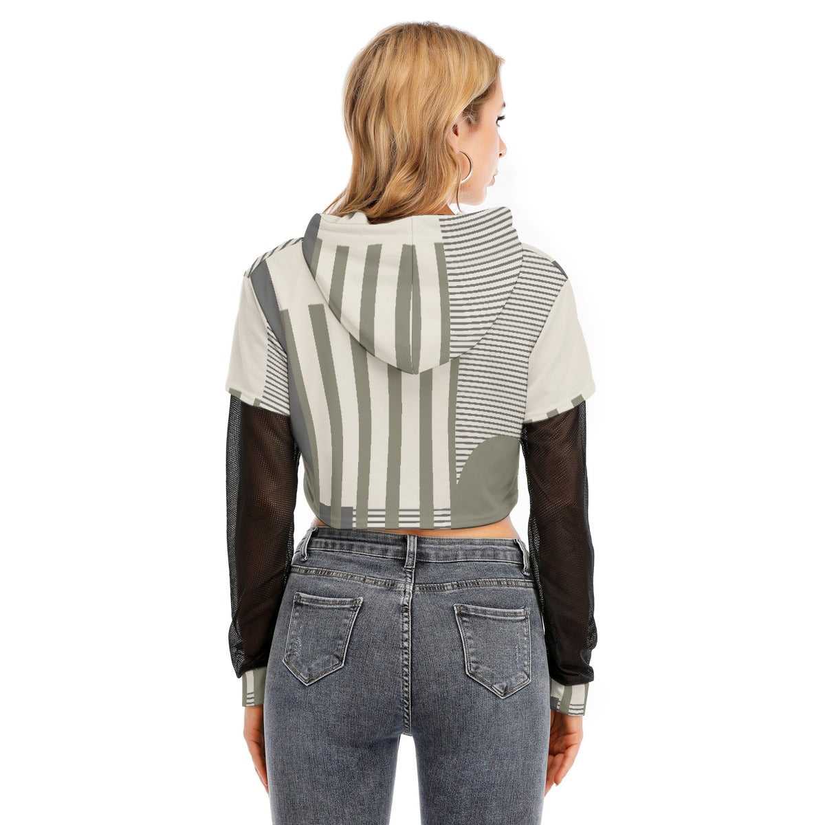 All-Over Print Women's Fake Two-piece Mesh Sleeve Cropped Hoodie