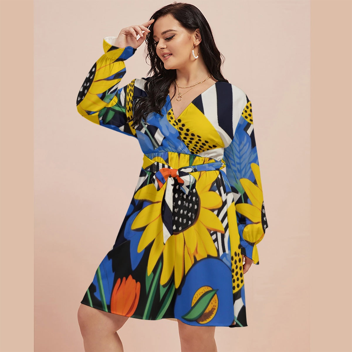 All-Over Print Women's V-neck Dress With Waistband(Plus Size)