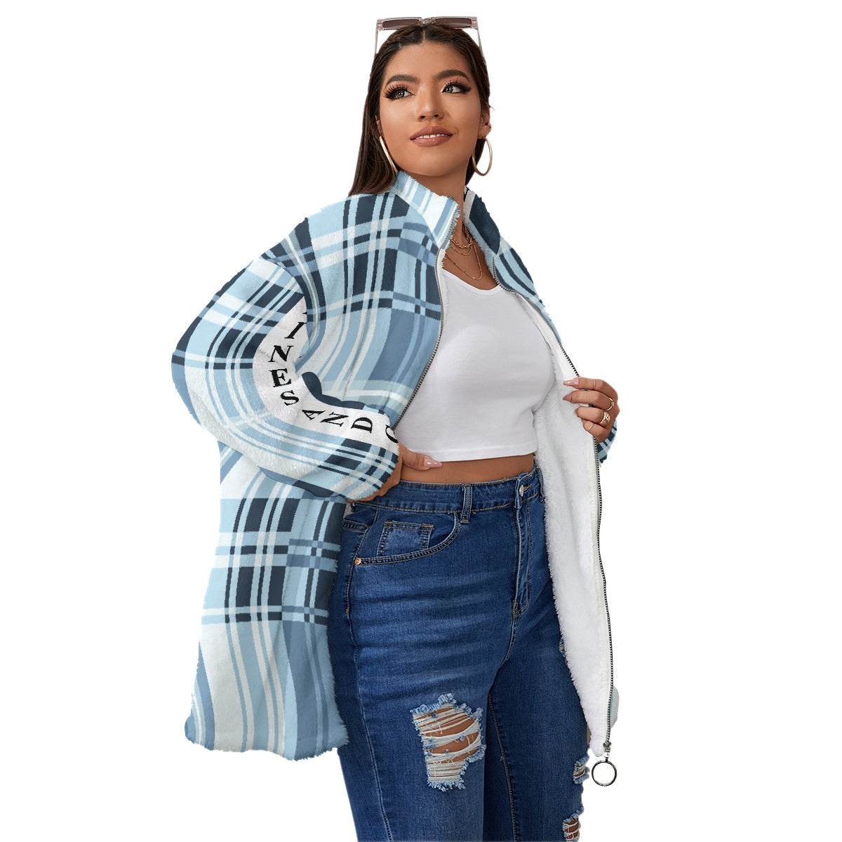 All-Over Print Unisex Borg Fleece Stand-up Collar Coat With Zipper Closure(Plus Size)