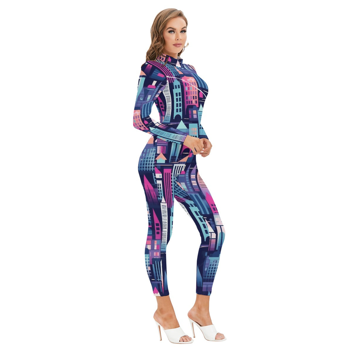 All-Over Print Women's Long-sleeved High-neck Jumpsuit With Zipper