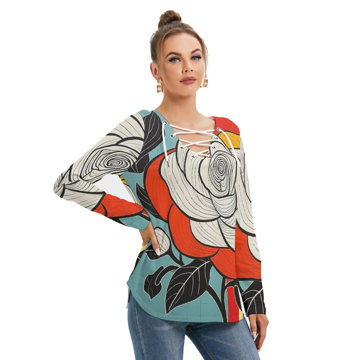 All-Over Print Women's Long Sleeve Neckline Tie Sweatshirt