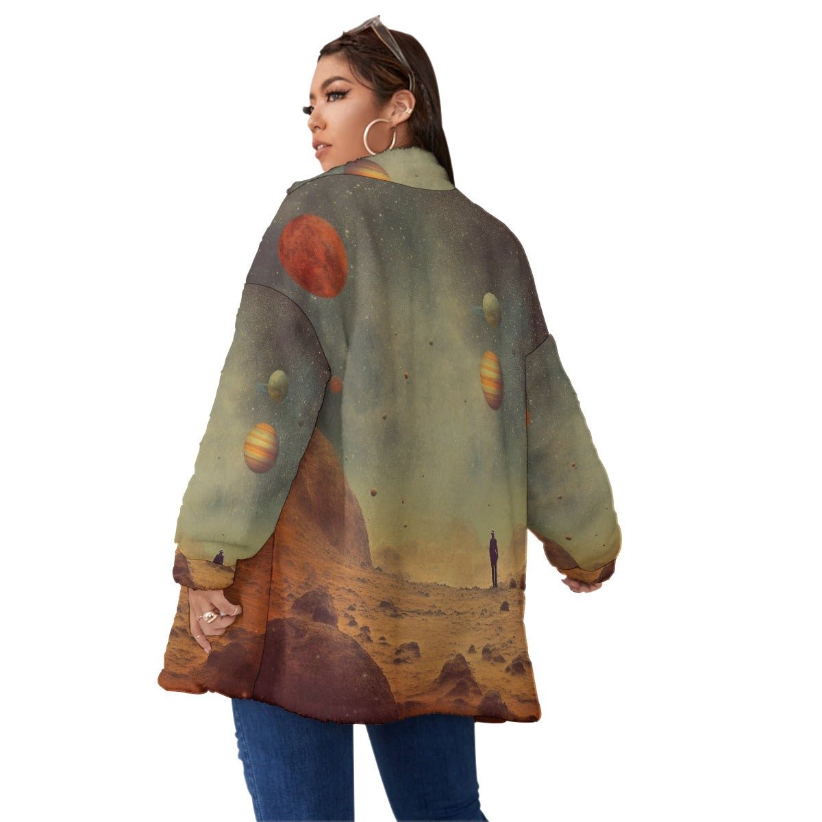 All-Over Print Unisex Borg Fleece Stand-up Collar Coat With Zipper Closure(Plus Size)