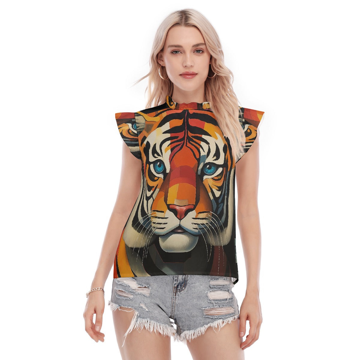 All-Over Print Women's Blouse With Ruffle Collar And Sleeve