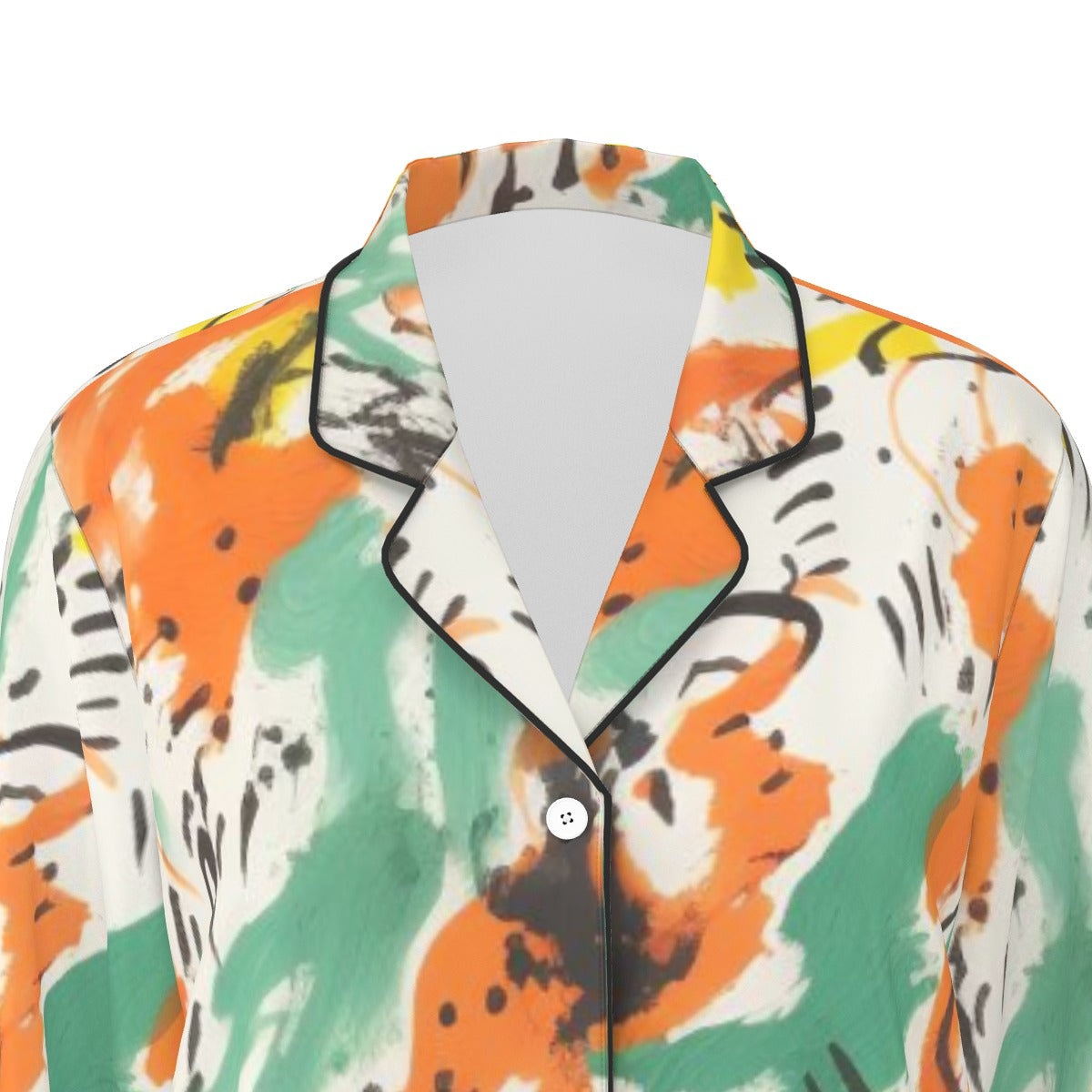 All-Over Print Women's Long Sleeve Pajama Set With Black Contrast Piping