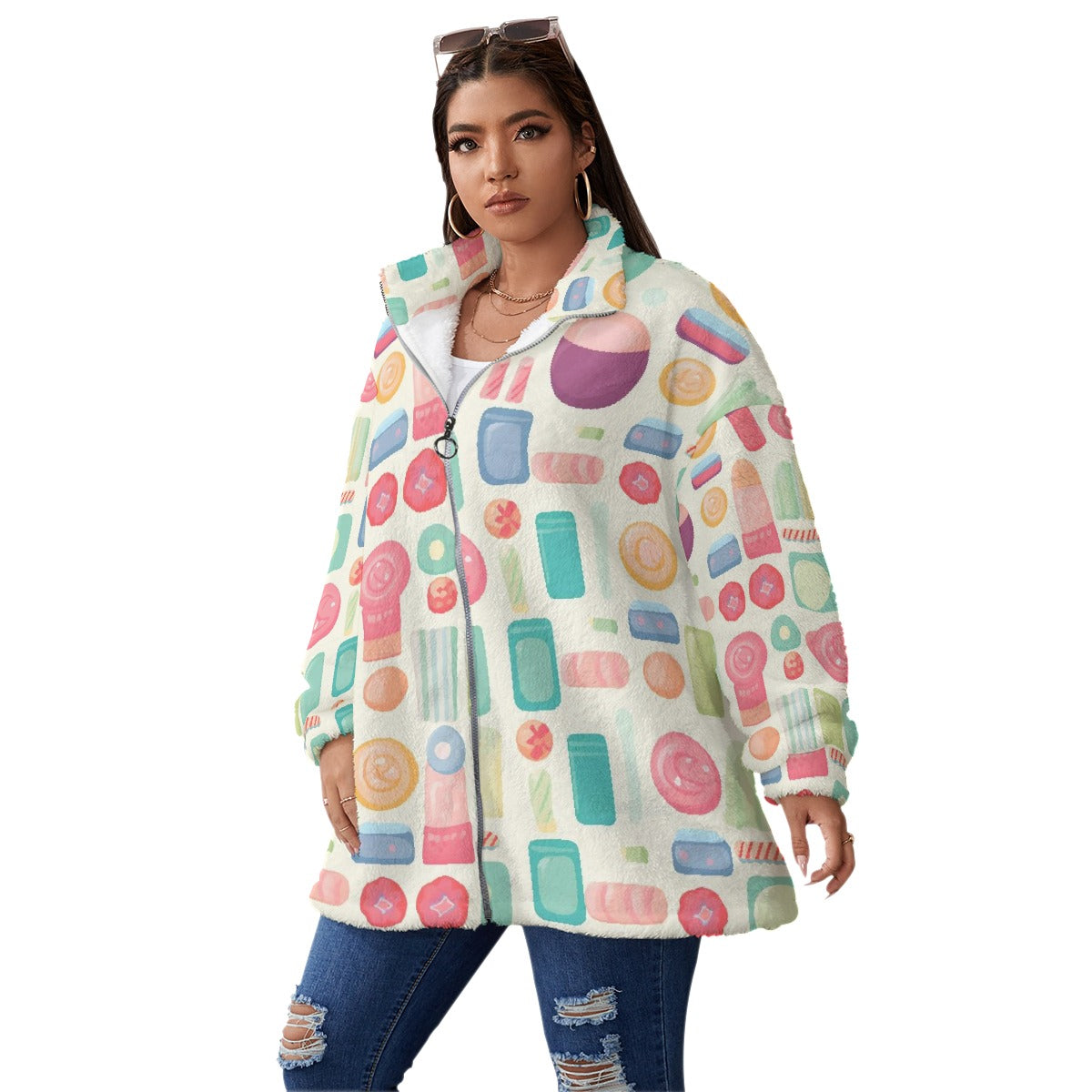All-Over Print Unisex Borg Fleece Stand-up Collar Coat With Zipper Closure(Plus Size)