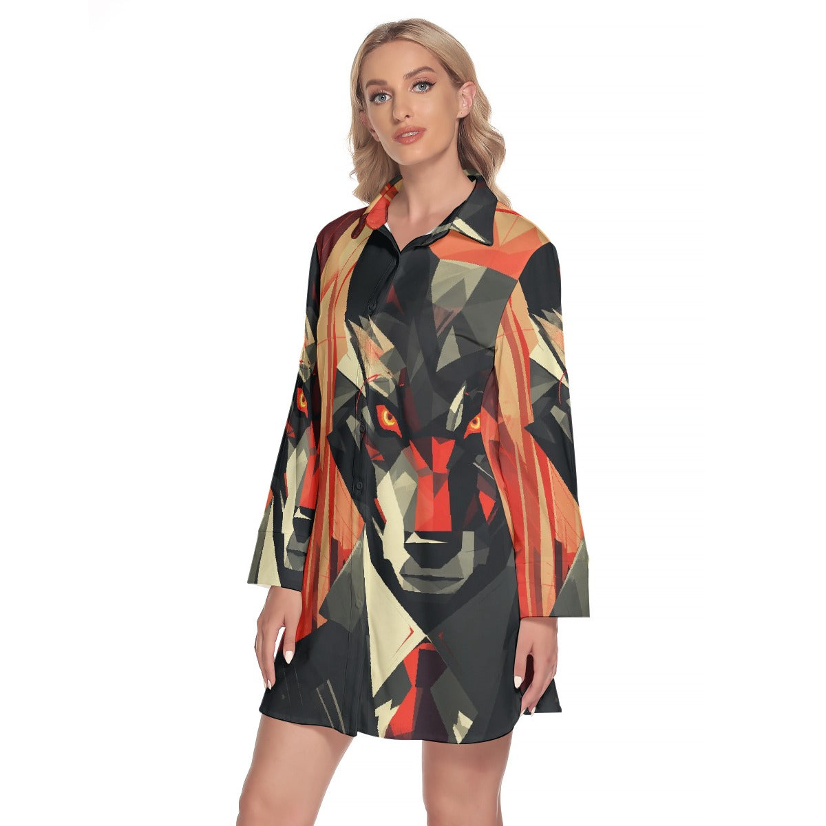 All-Over Print Women's Lapel Shirt Dress With Long Sleeve
