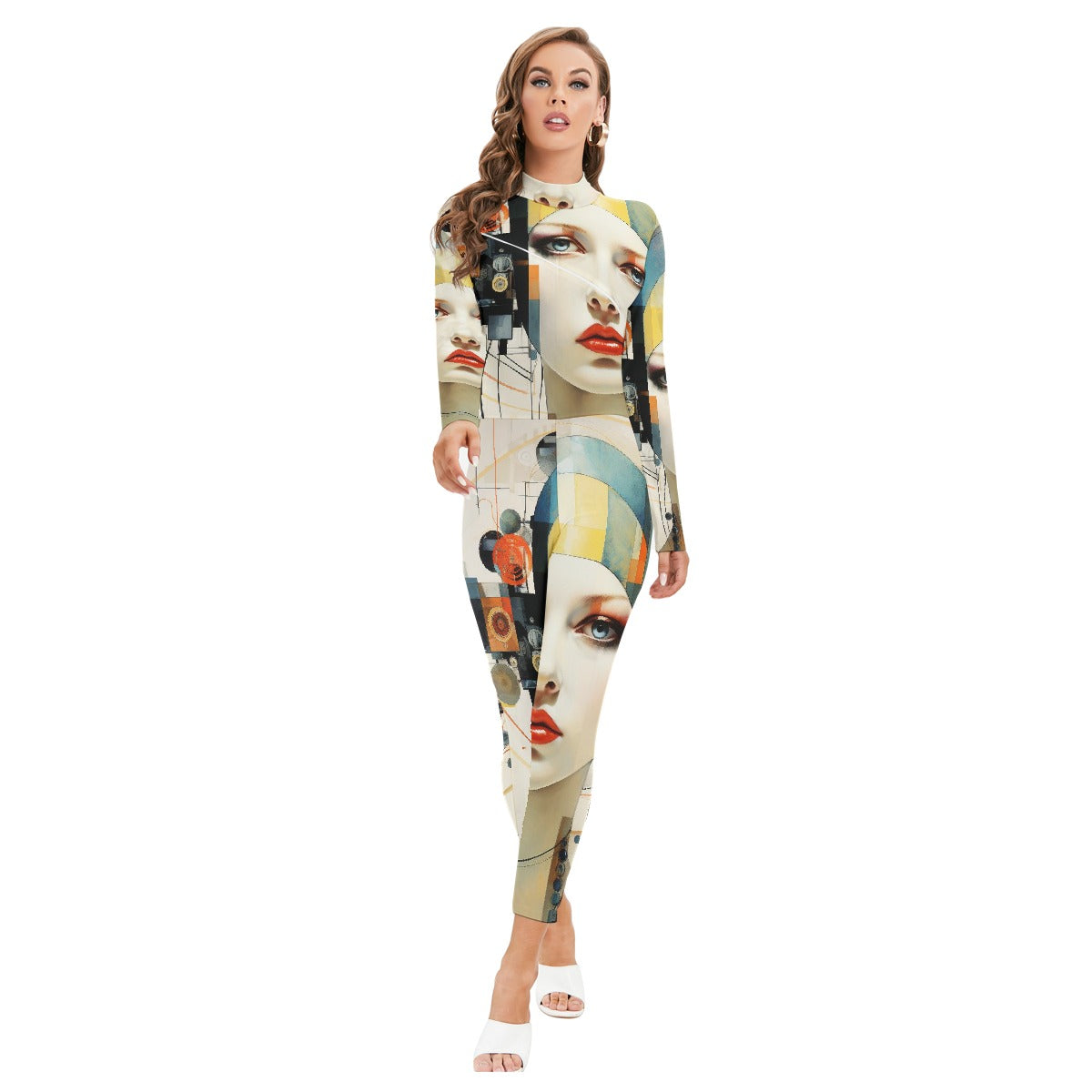 All-Over Print Women's Long-sleeved High-neck Jumpsuit With Zipper
