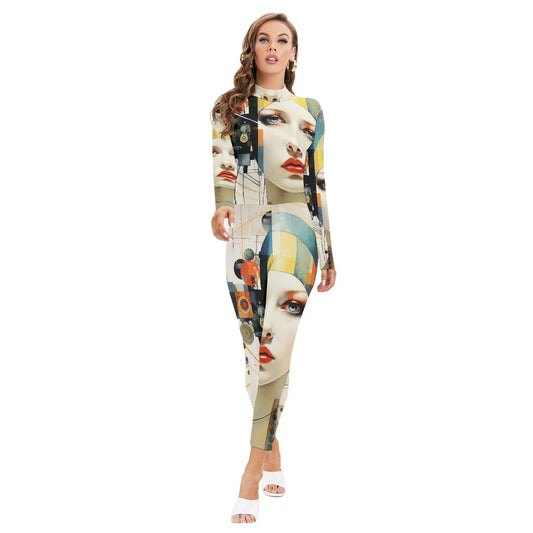All-Over Print Women's Long-sleeved High-neck Jumpsuit With Zipper