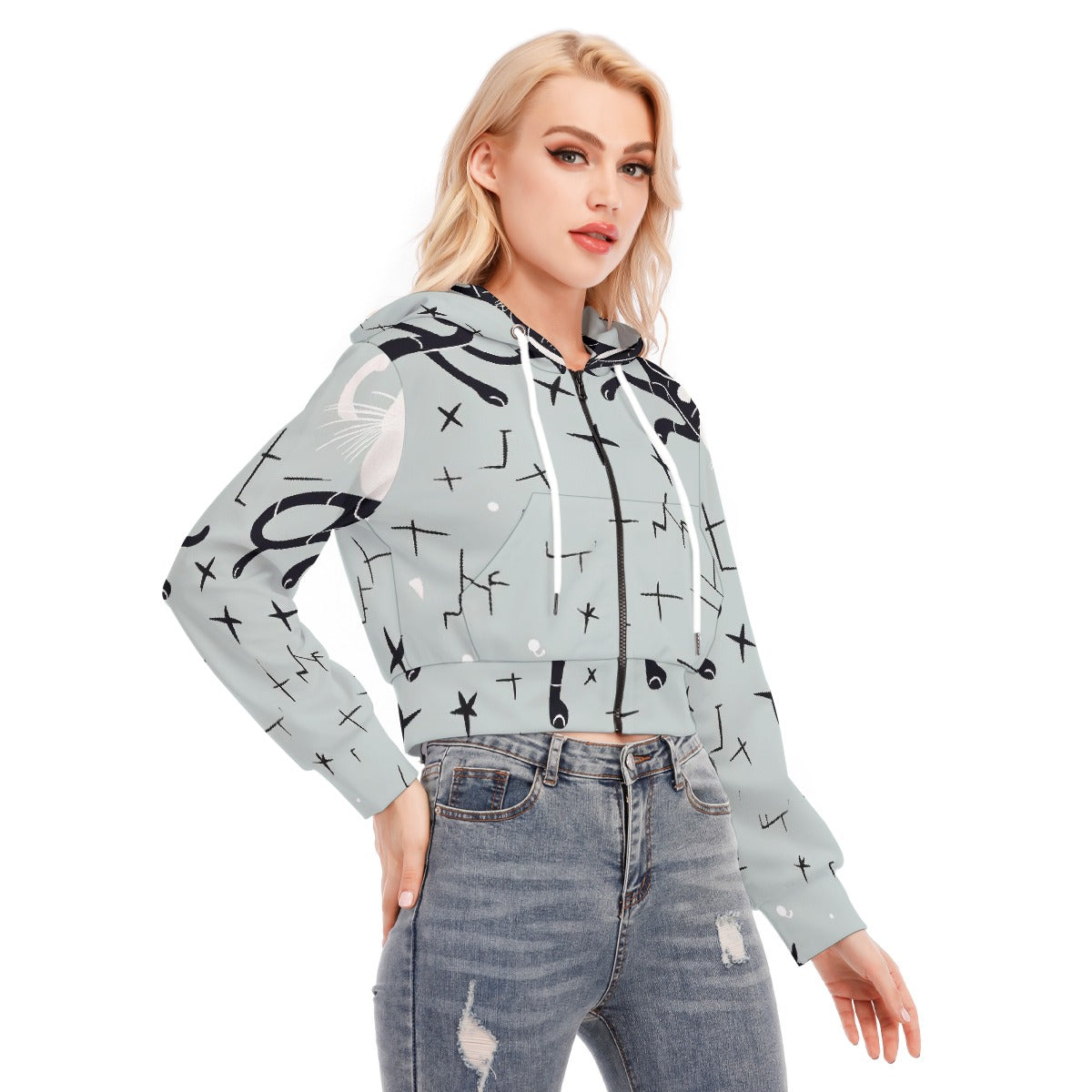All-Over Print Women's Crop Top Hoodie With Zipper Closure