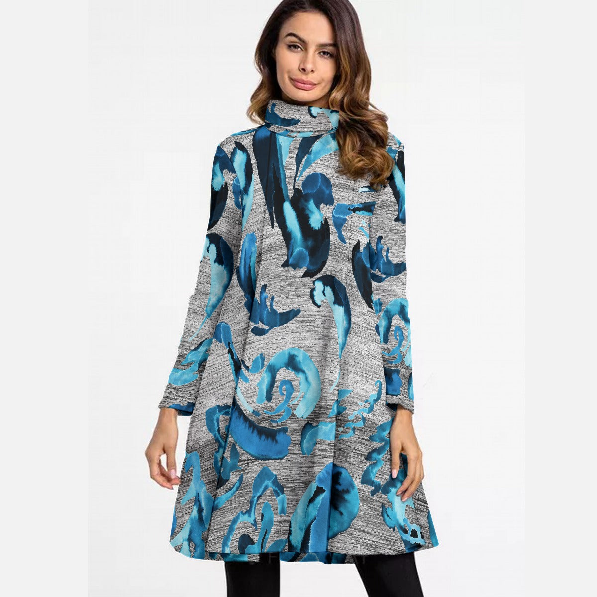 All-Over Print Women's High Neck Dress With Long Sleeve