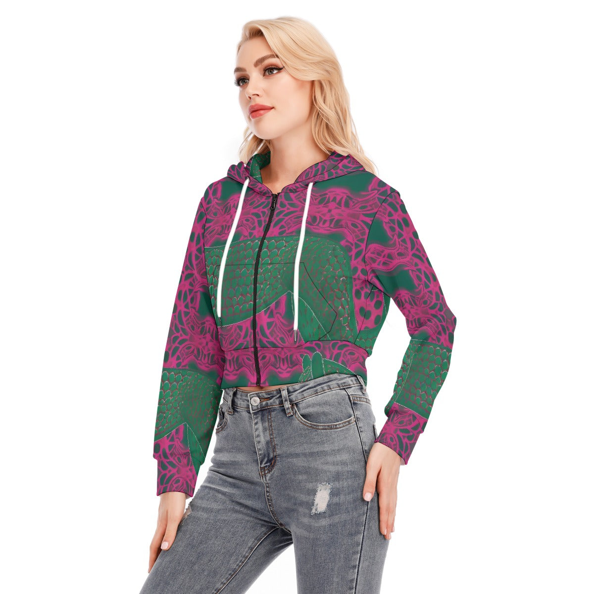 All-Over Print Women's Crop Top Hoodie With Zipper Closure