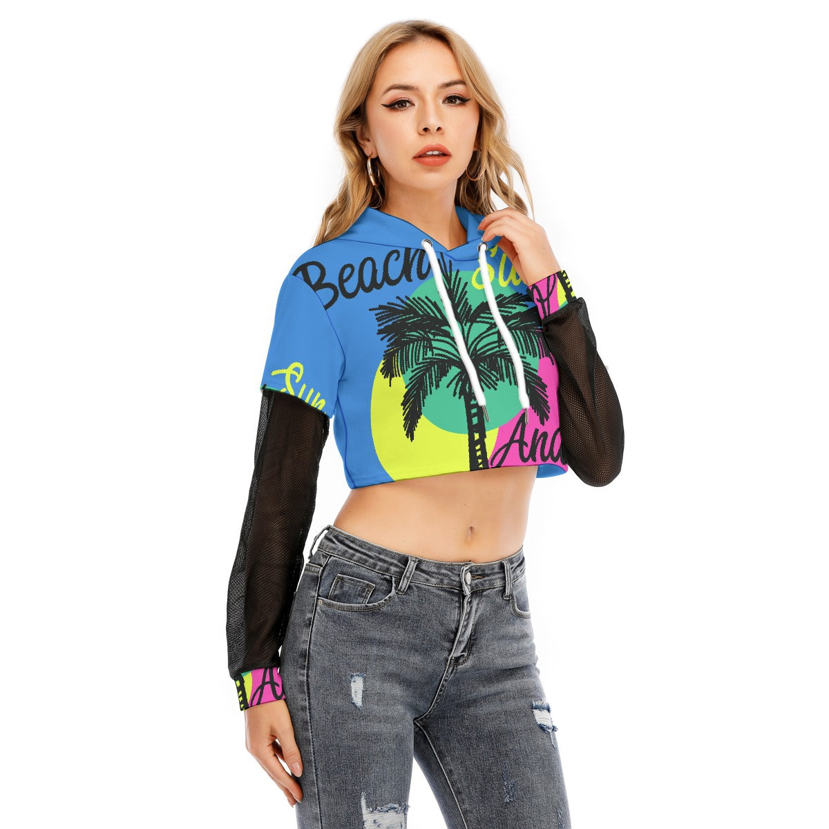 All-Over Print Women's Fake Two-piece Mesh Sleeve Cropped Hoodie