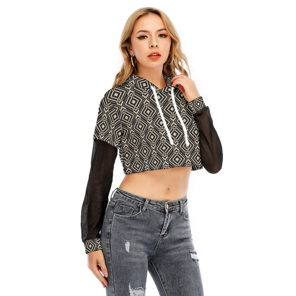 All-Over Print Women's Fake Two-piece Mesh Sleeve Cropped Hoodie