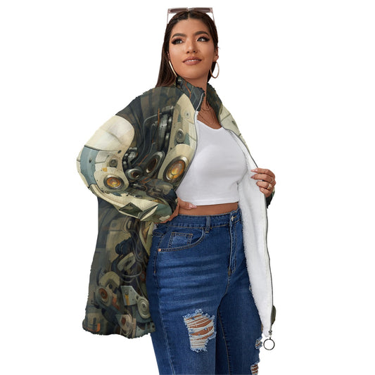 All-Over Print Unisex Borg Fleece Stand-up Collar Coat With Zipper Closure(Plus Size)