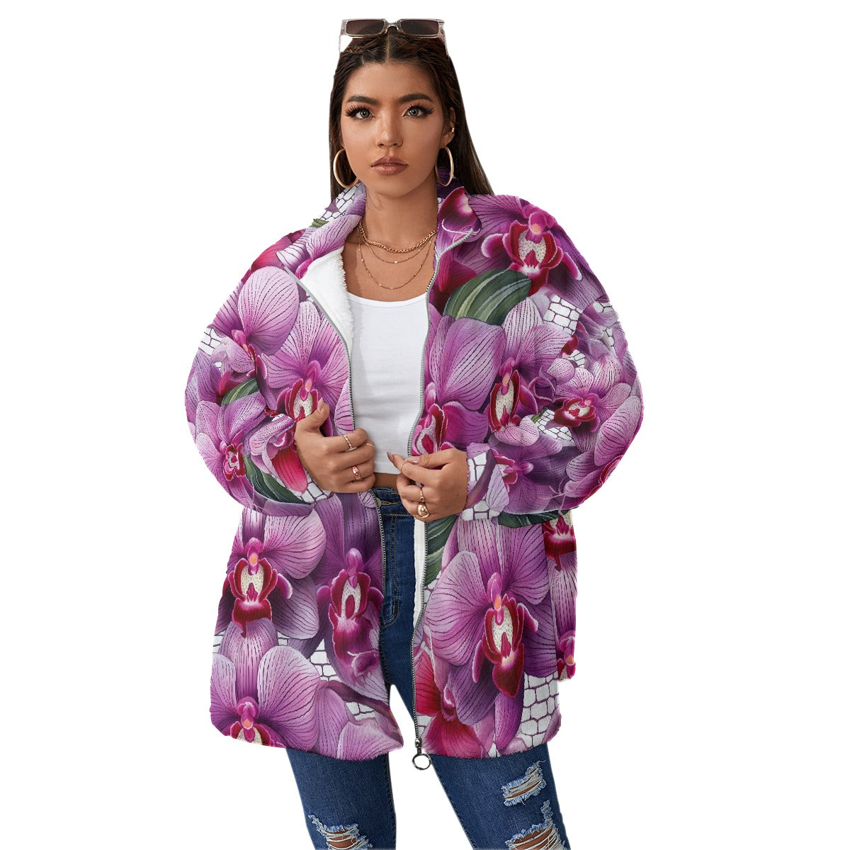 All-Over Print Unisex Borg Fleece Stand-up Collar Coat With Zipper Closure(Plus Size)