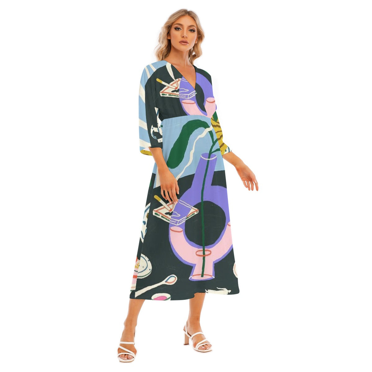 All-Over Print Women's Mid-Sleeve Long Dress