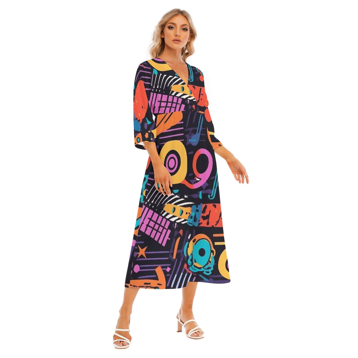 All-Over Print Women's Mid-Sleeve Long Dress