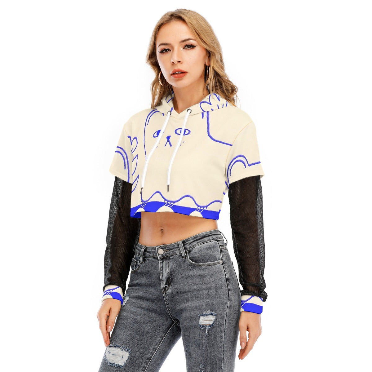 All-Over Print Women's Fake Two-piece Mesh Sleeve Cropped Hoodie