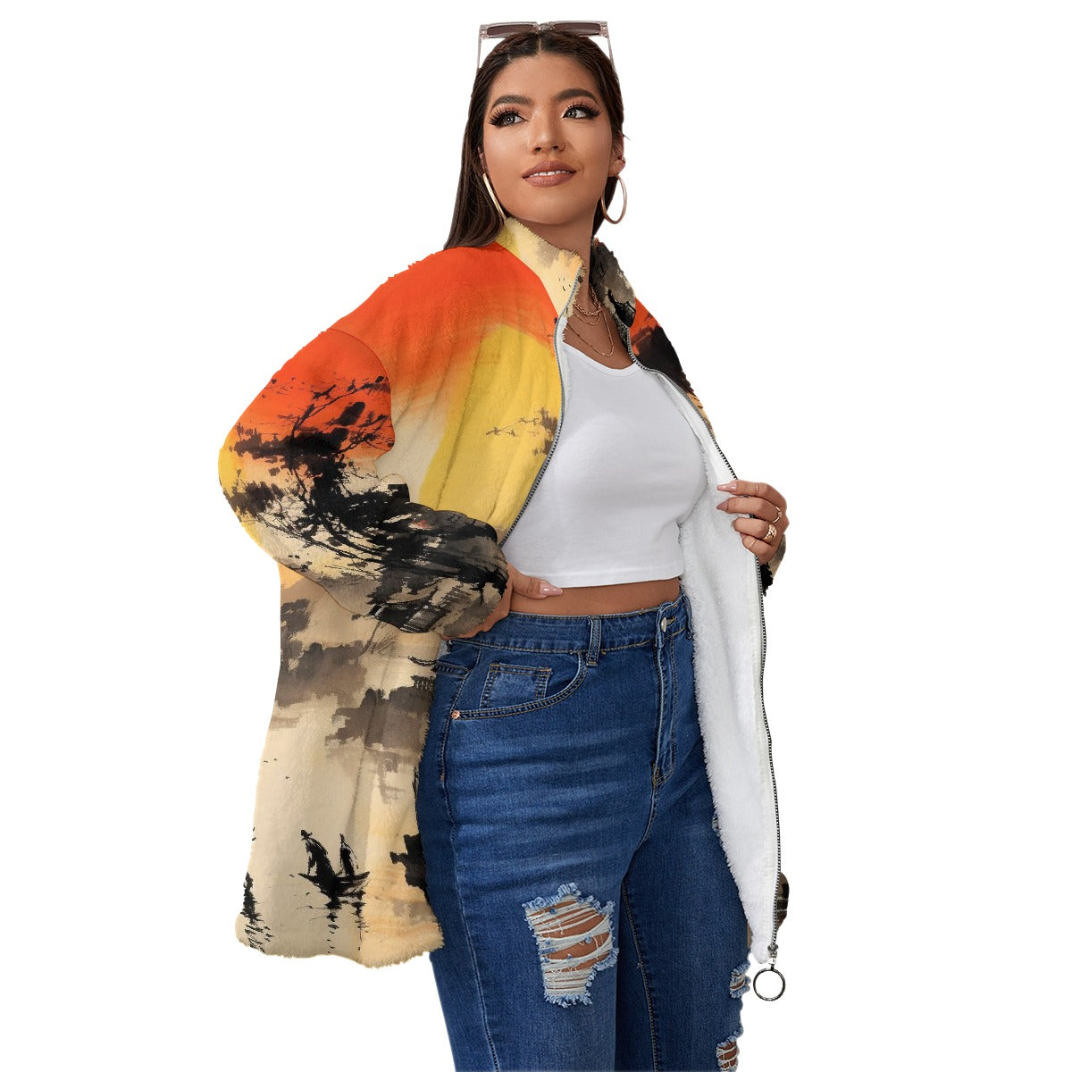 All-Over Print Unisex Borg Fleece Stand-up Collar Coat With Zipper Closure(Plus Size)