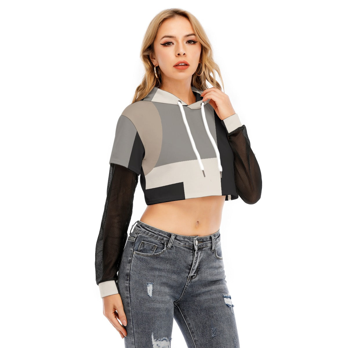 All-Over Print Women's Fake Two-piece Mesh Sleeve Cropped Hoodie