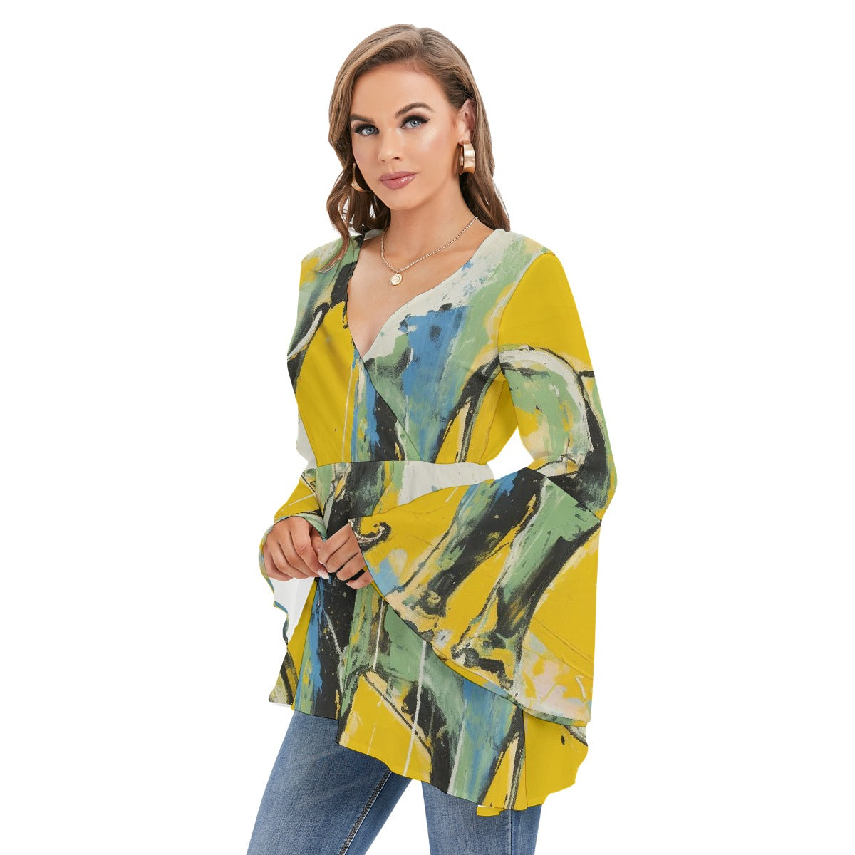 All-Over Print Women's V-neck Blouse With Flared Sleeves