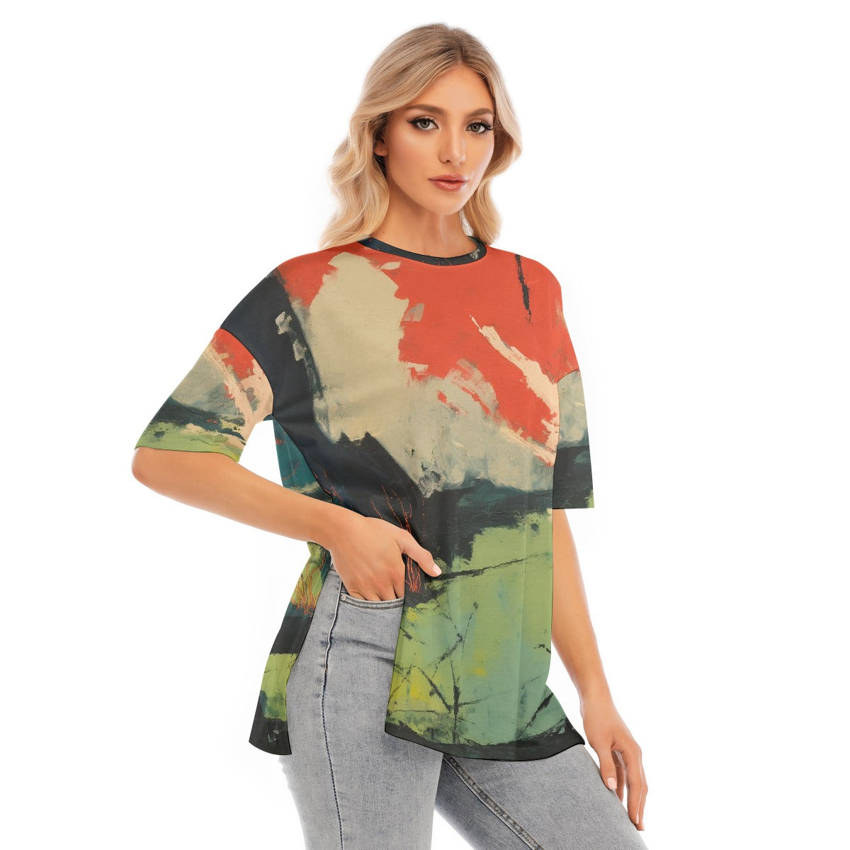 All-Over Print Women's Short Sleeves T-shirt With Hem Split