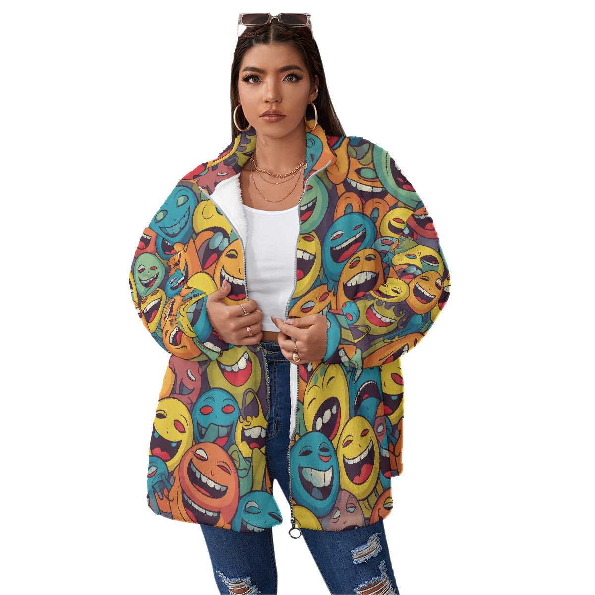 All-Over Print Unisex Borg Fleece Stand-up Collar Coat With Zipper Closure(Plus Size)