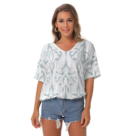 All-Over Print Women's Bat Sleeves V-Neck Blouse