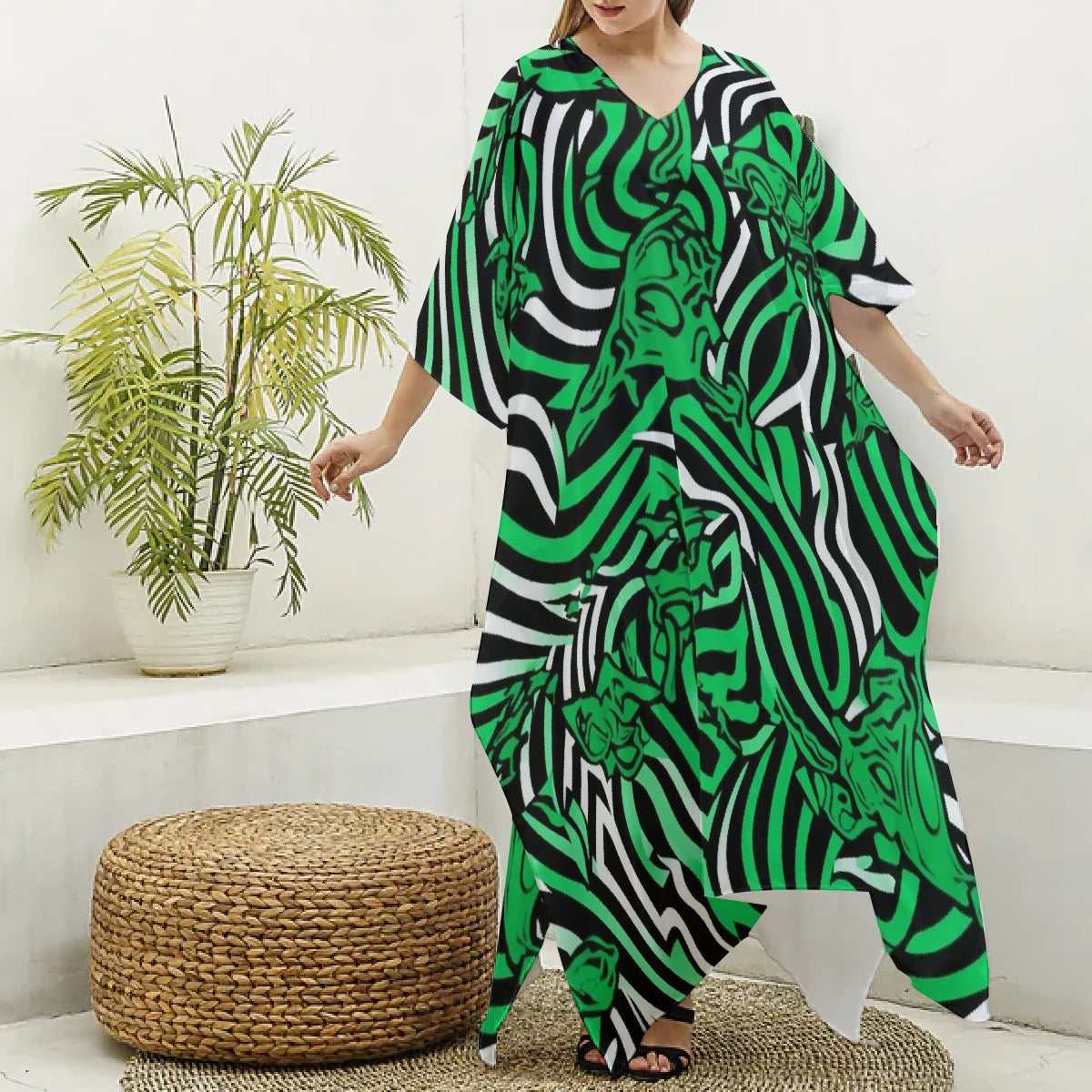 All-Over Print Women's Imitation Silk V-neck Kaftan Robe
