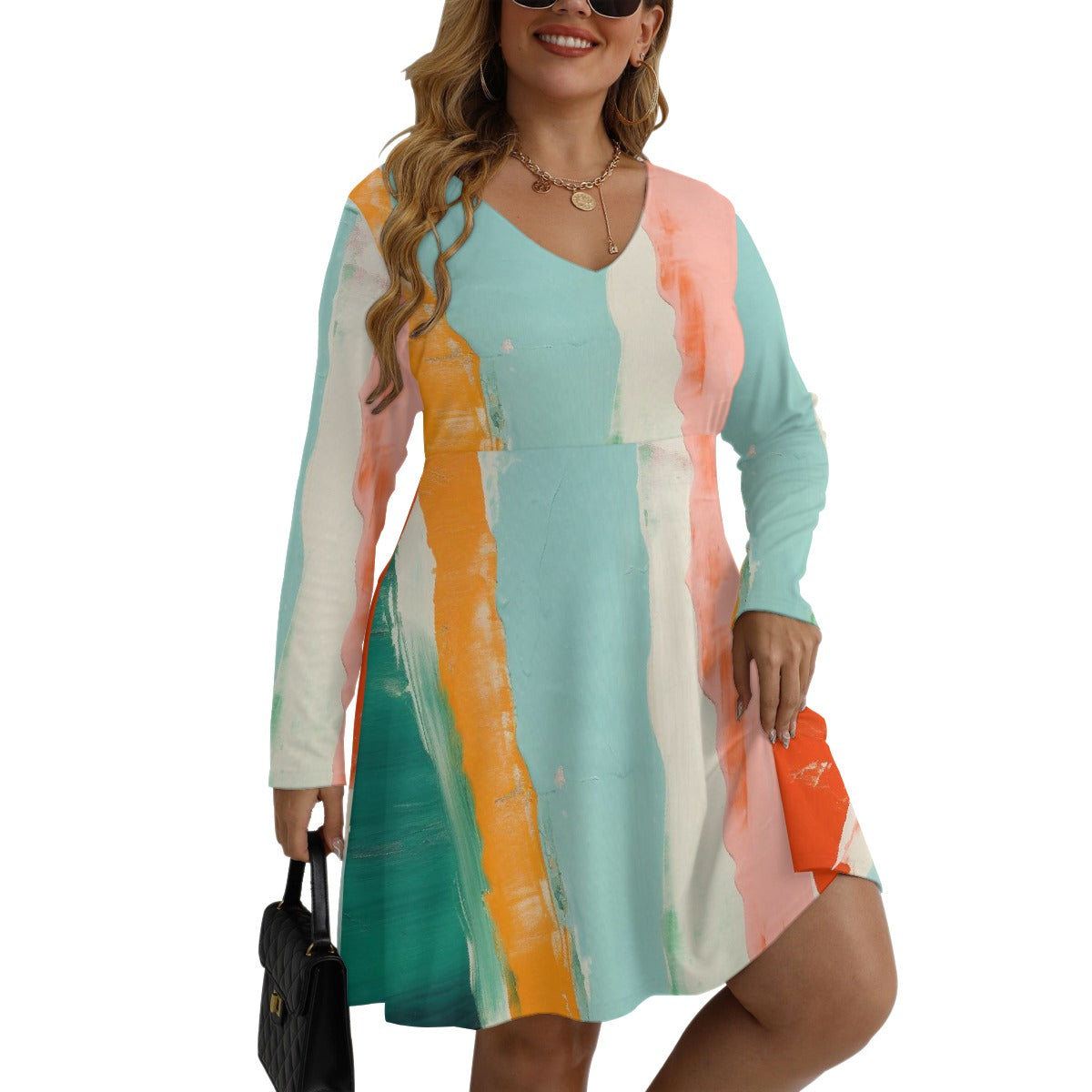 All-Over Print Women's V-neck Long Sleeve Dress(Plus Size)