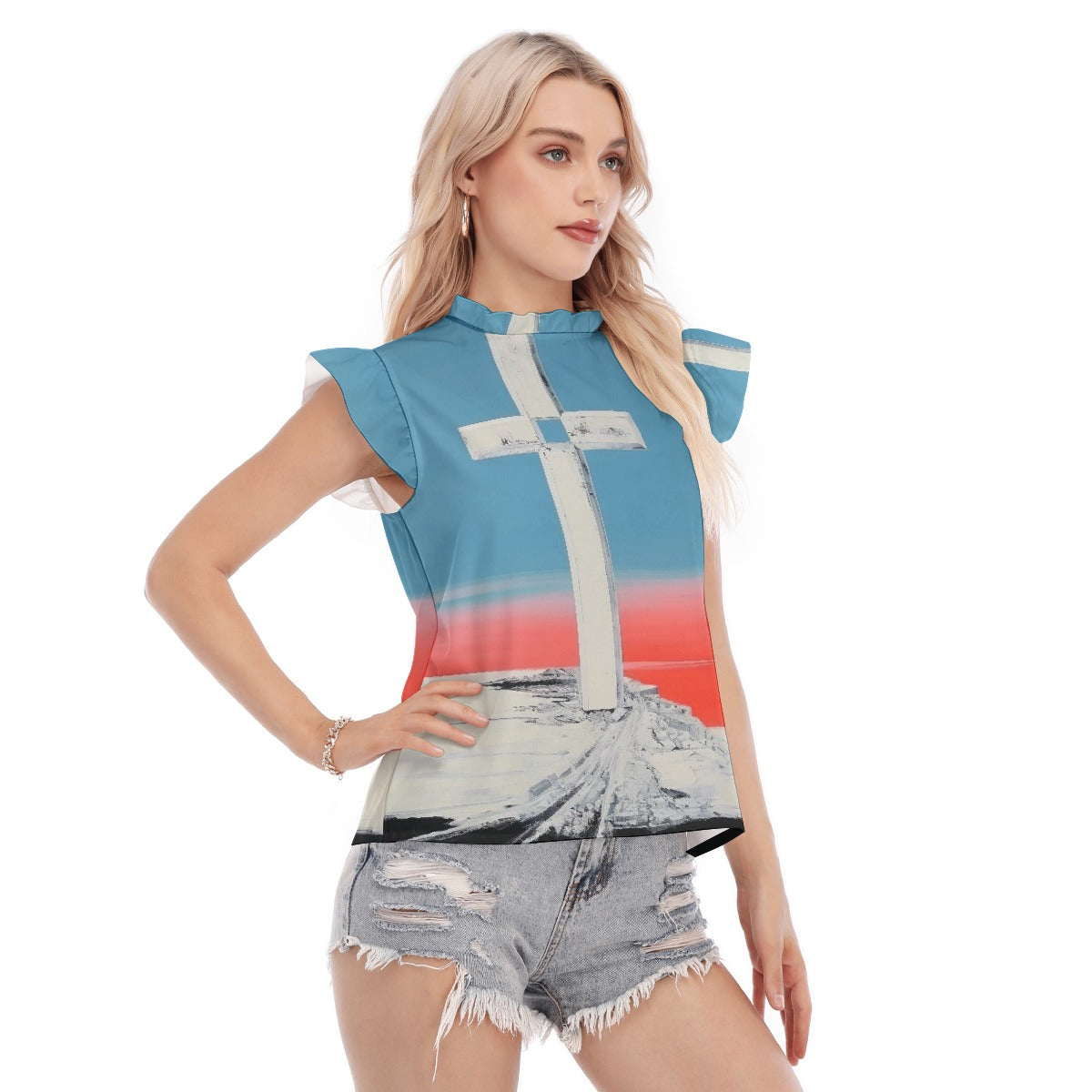 All-Over Print Women's Blouse With Ruffle Collar And Sleeve