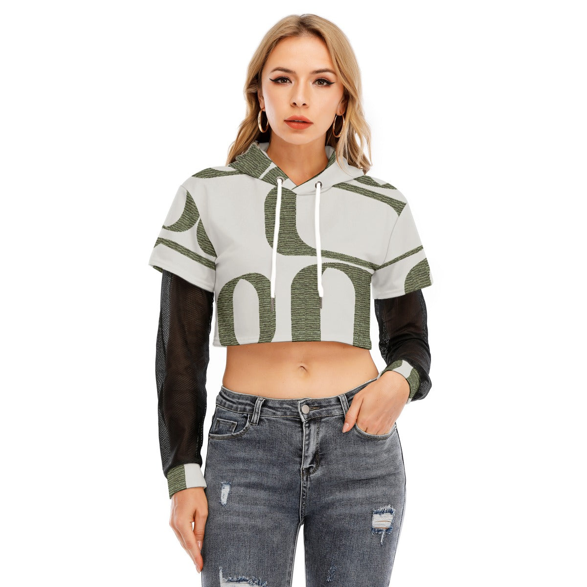 All-Over Print Women's Fake Two-piece Mesh Sleeve Cropped Hoodie