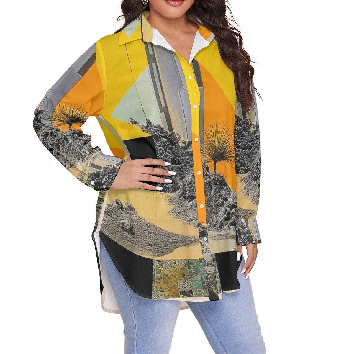 All-Over Print Women's Shirt With Long Sleeve(Plus Size)