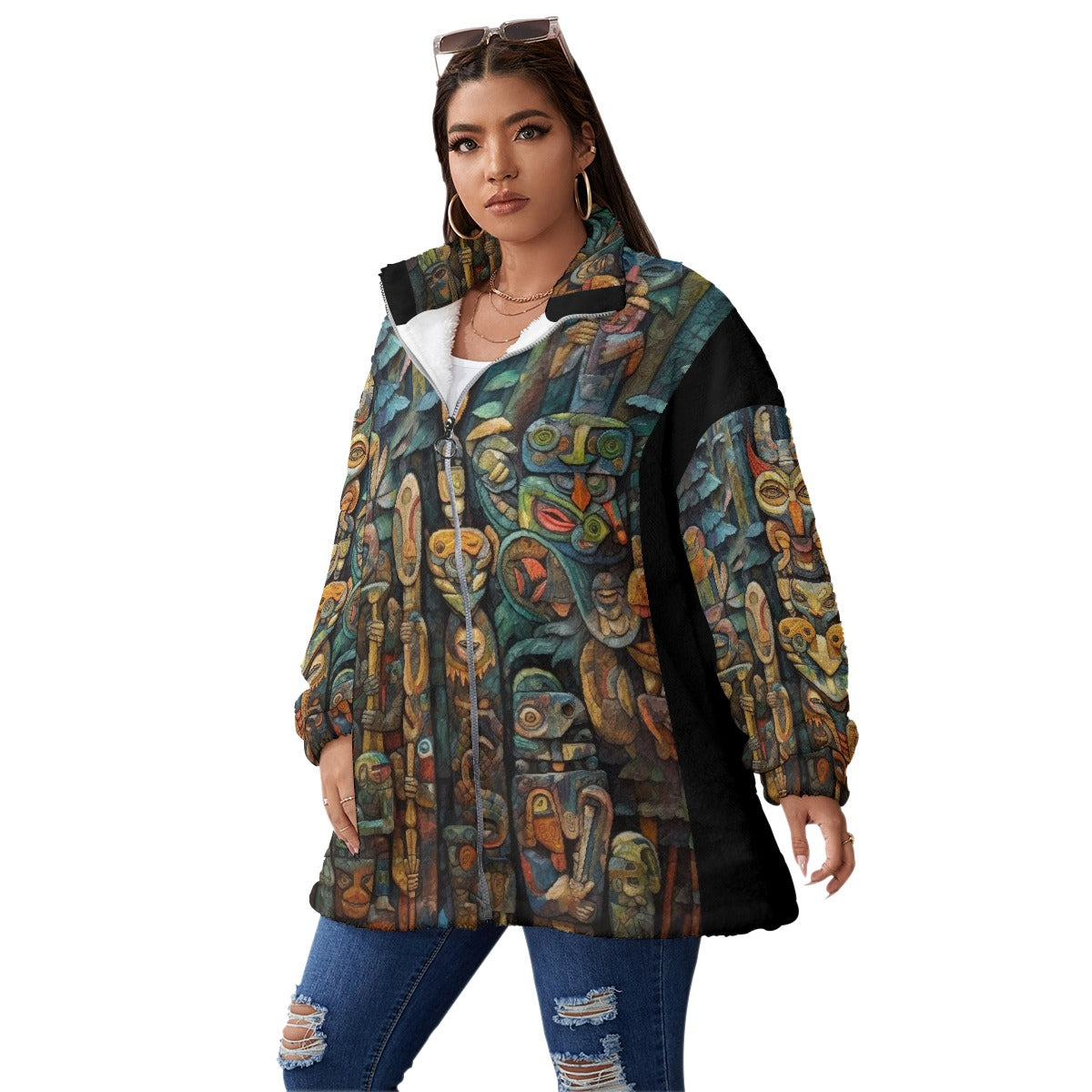 All-Over Print Unisex Borg Fleece Stand-up Collar Coat With Zipper Closure(Plus Size)