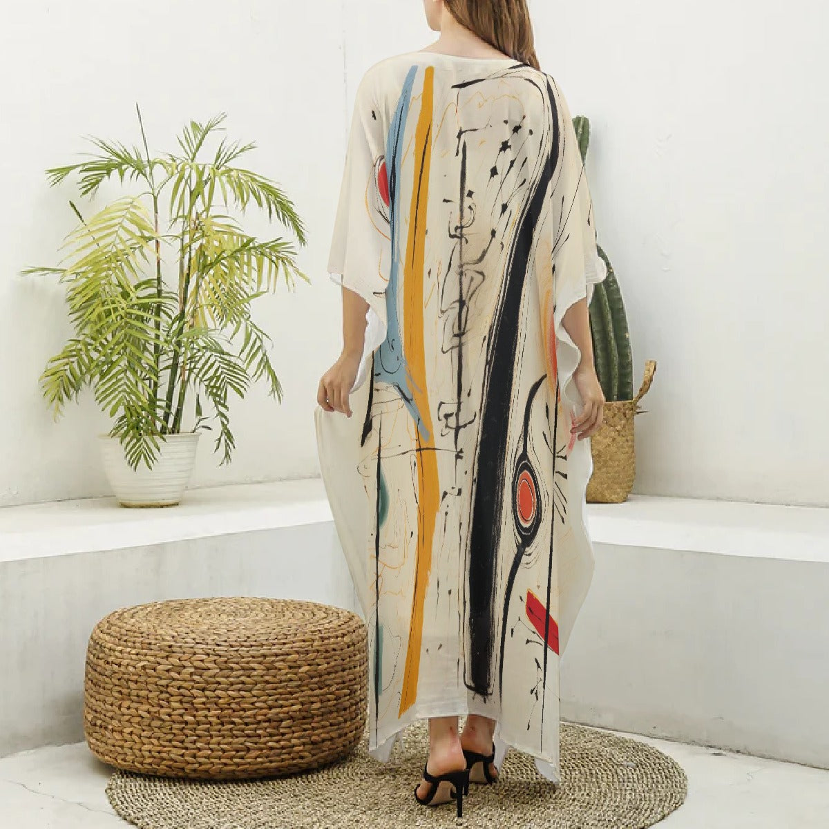 All-Over Print Women's Imitation Silk V-neck Kaftan Robe