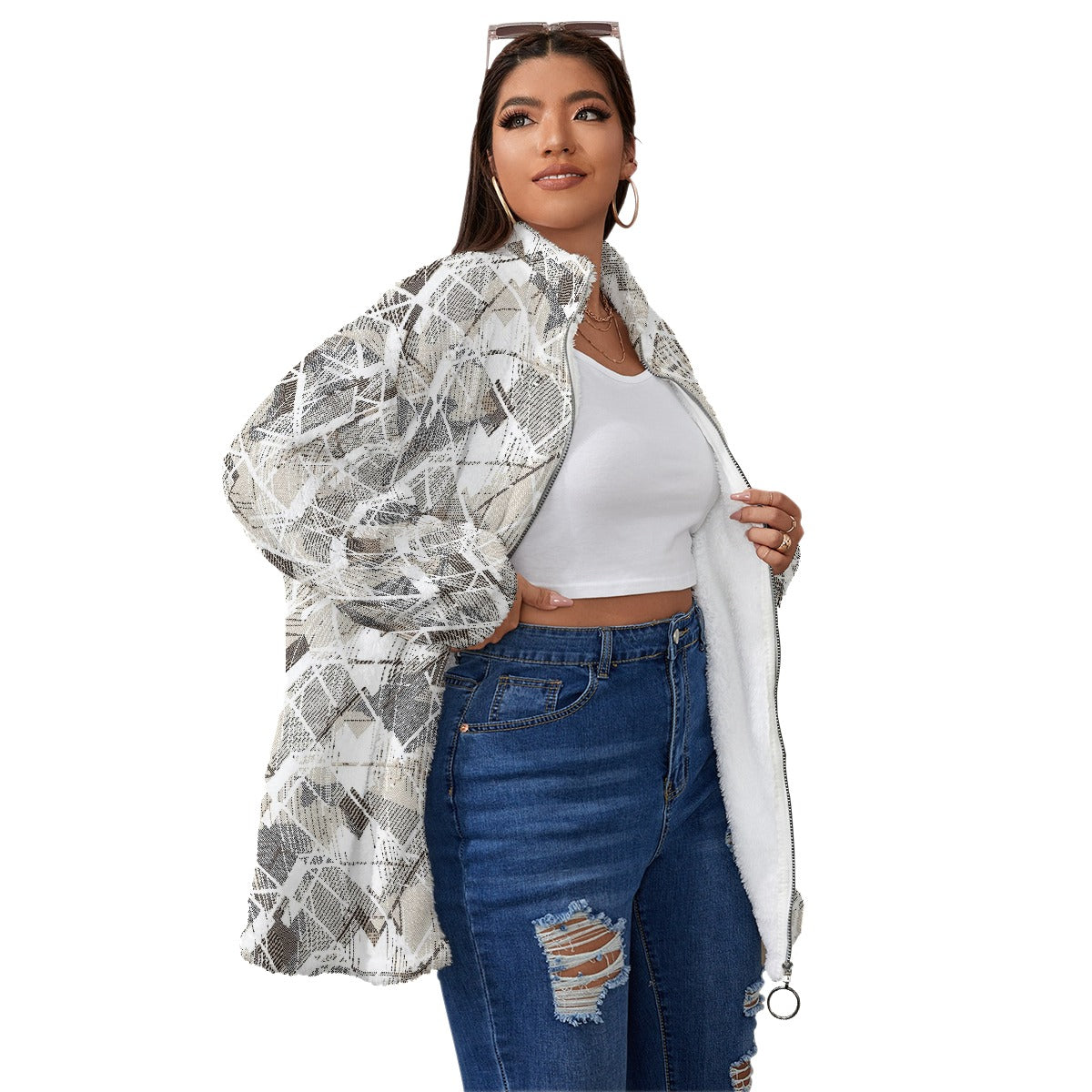 All-Over Print Unisex Borg Fleece Stand-up Collar Coat With Zipper Closure(Plus Size)