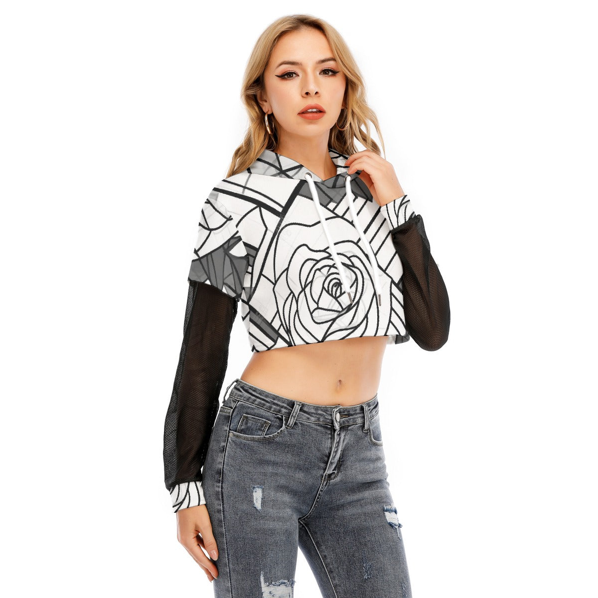 All-Over Print Women's Fake Two-piece Mesh Sleeve Cropped Hoodie