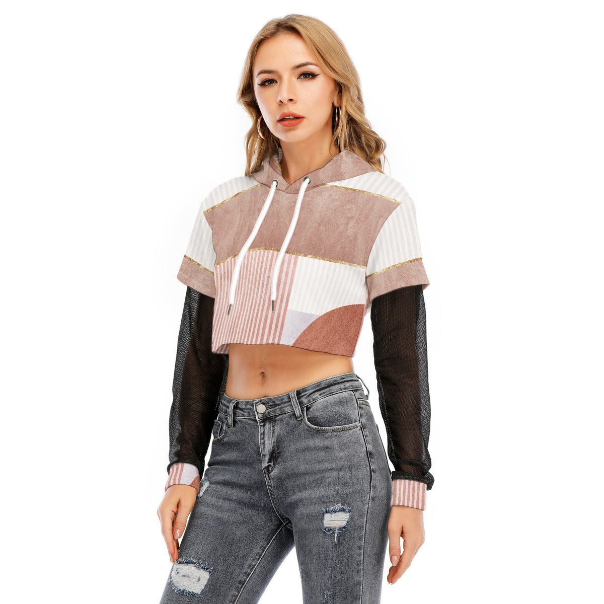 All-Over Print Women's Fake Two-piece Mesh Sleeve Cropped Hoodie