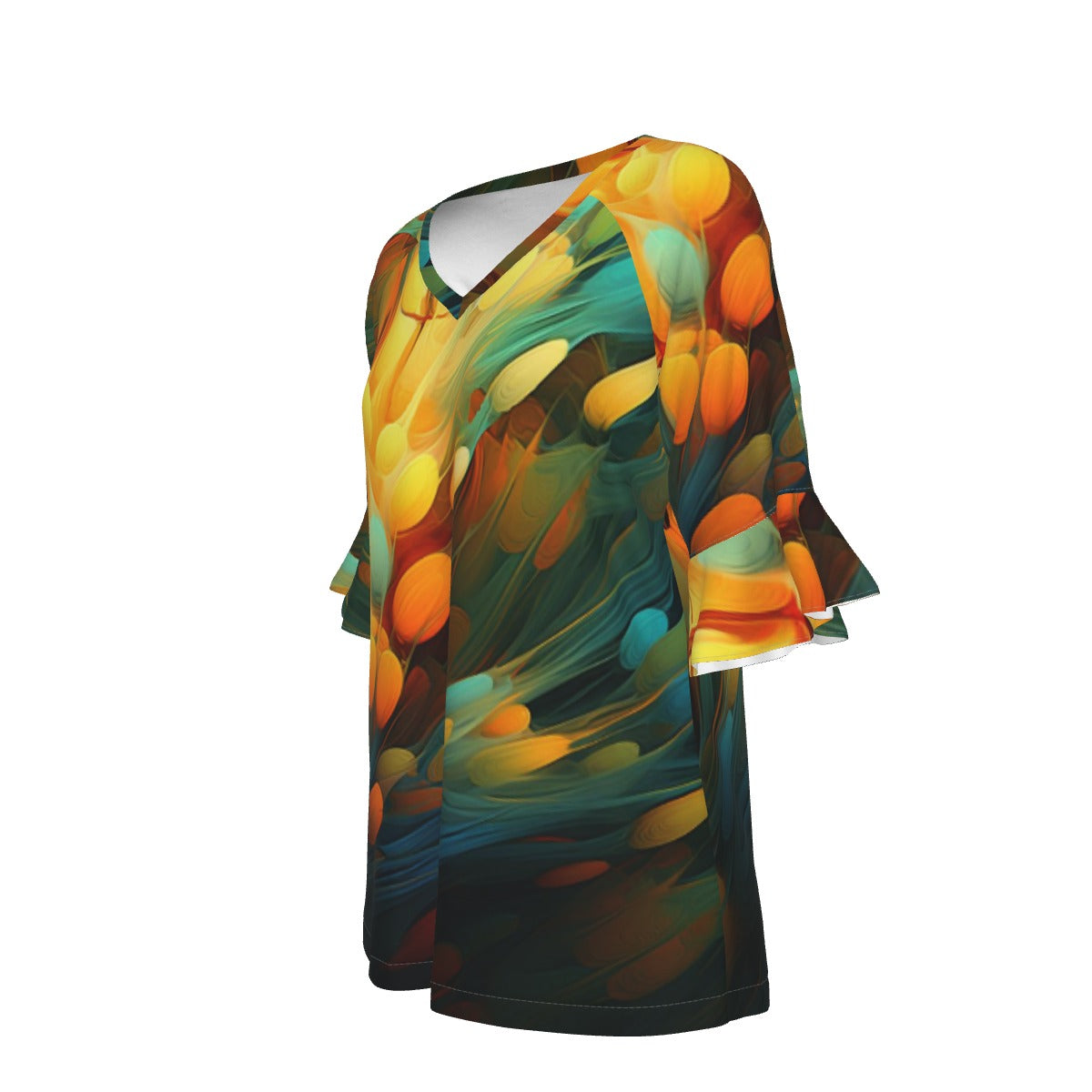 All-Over Print V-neck Women's T-shirt With Bell Sleeve