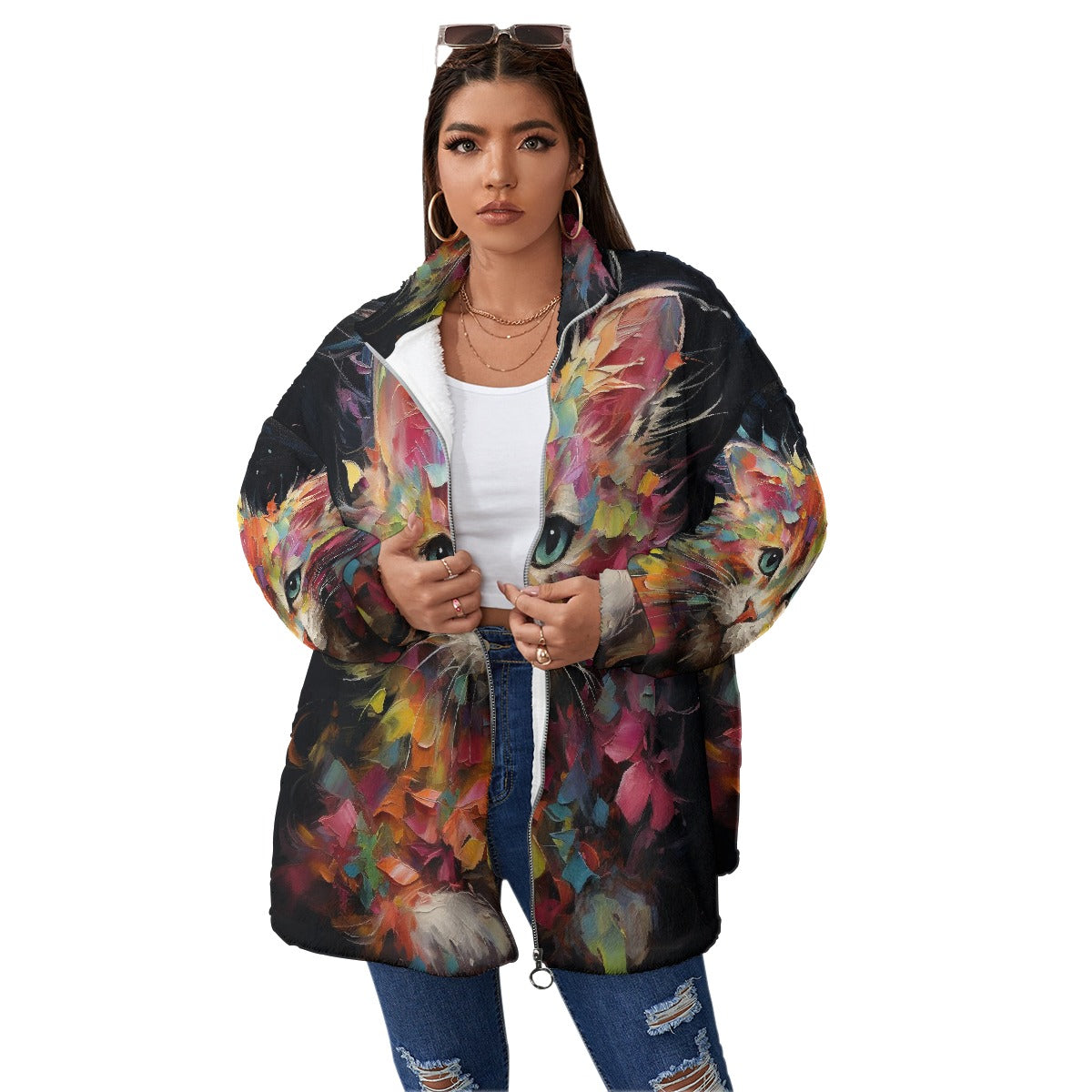 All-Over Print Unisex Borg Fleece Stand-up Collar Coat With Zipper Closure(Plus Size)