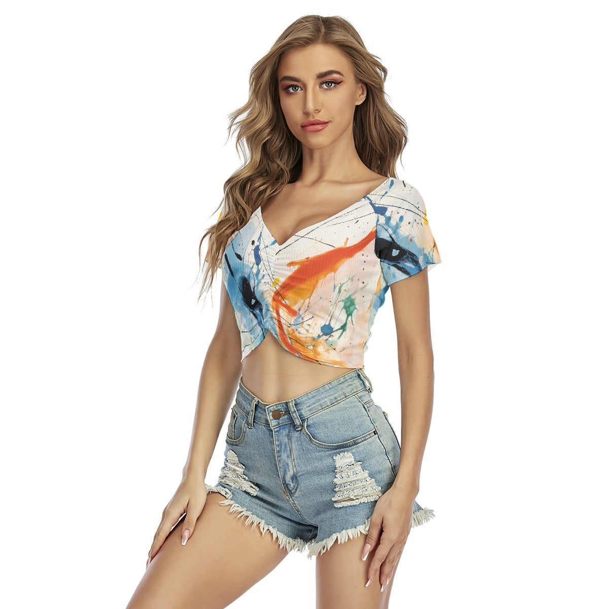 All-Over Print Women's Raglan Drawstring Front  Crop Tee