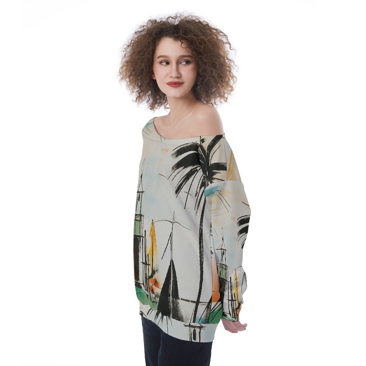 All-Over Print Oversized Women's Off-Shoulder Sweatshirt