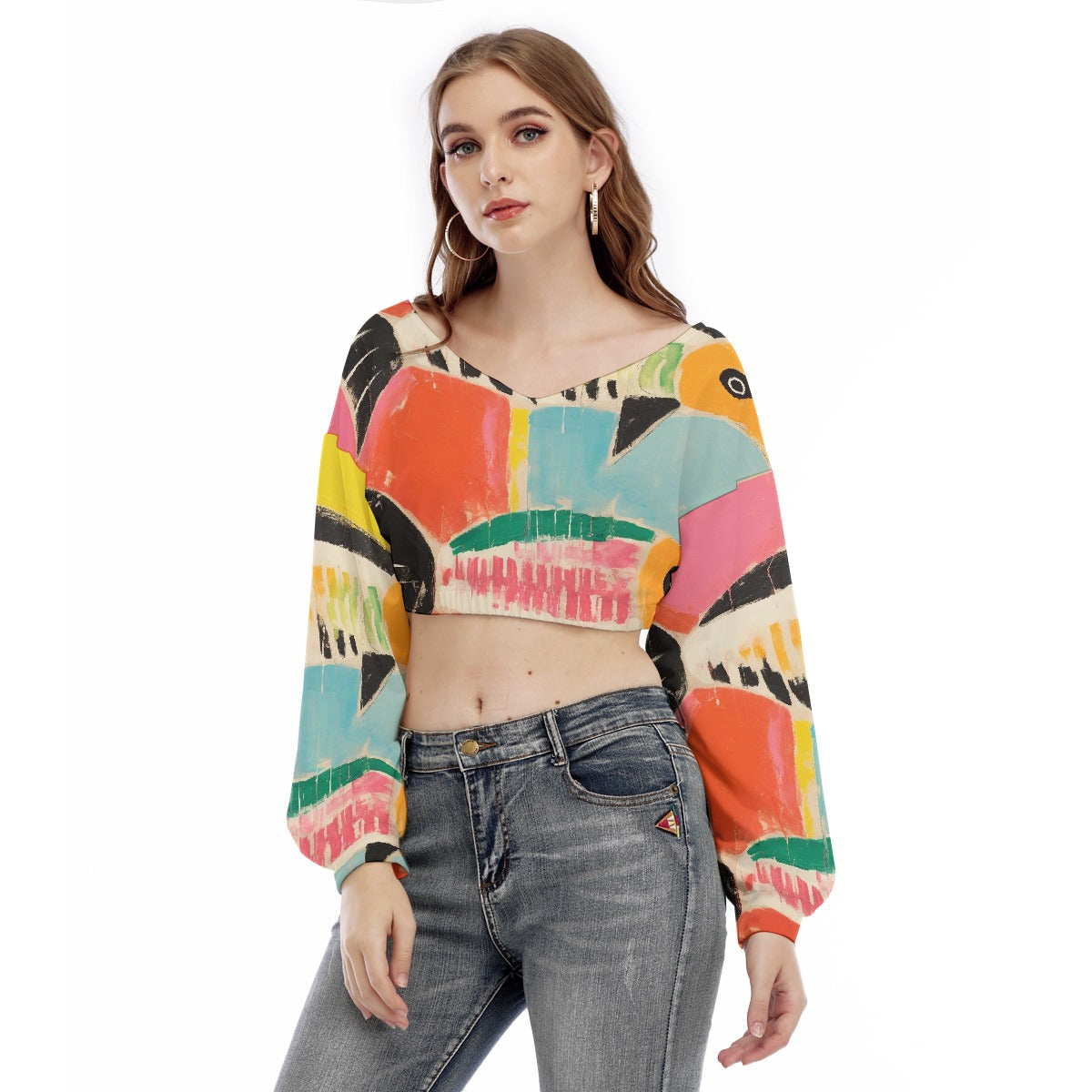 All-Over Print Women's V-neck Long Sleeve Cropped Sweatshirt