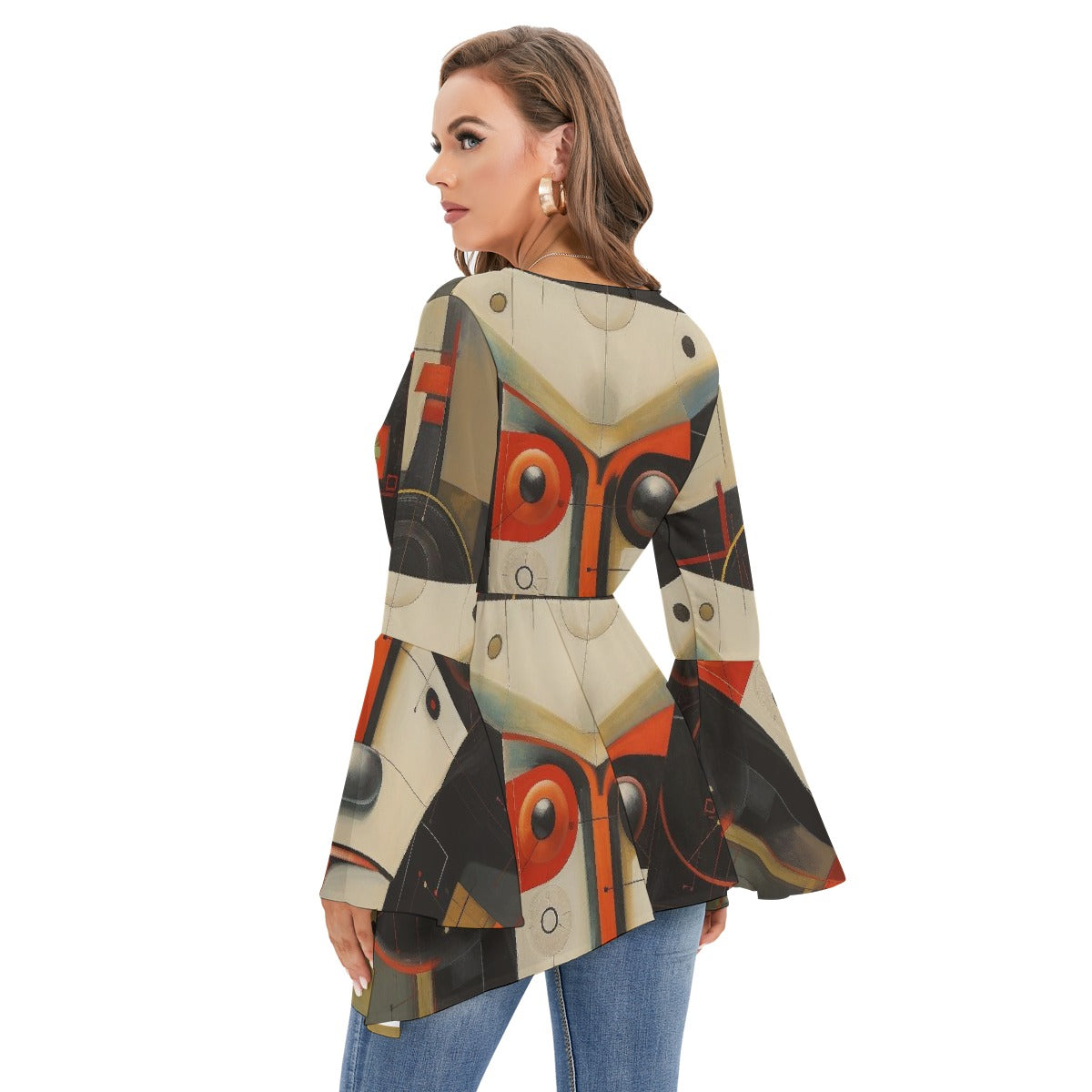 All-Over Print Women's V-neck Blouse With Flared Sleeves