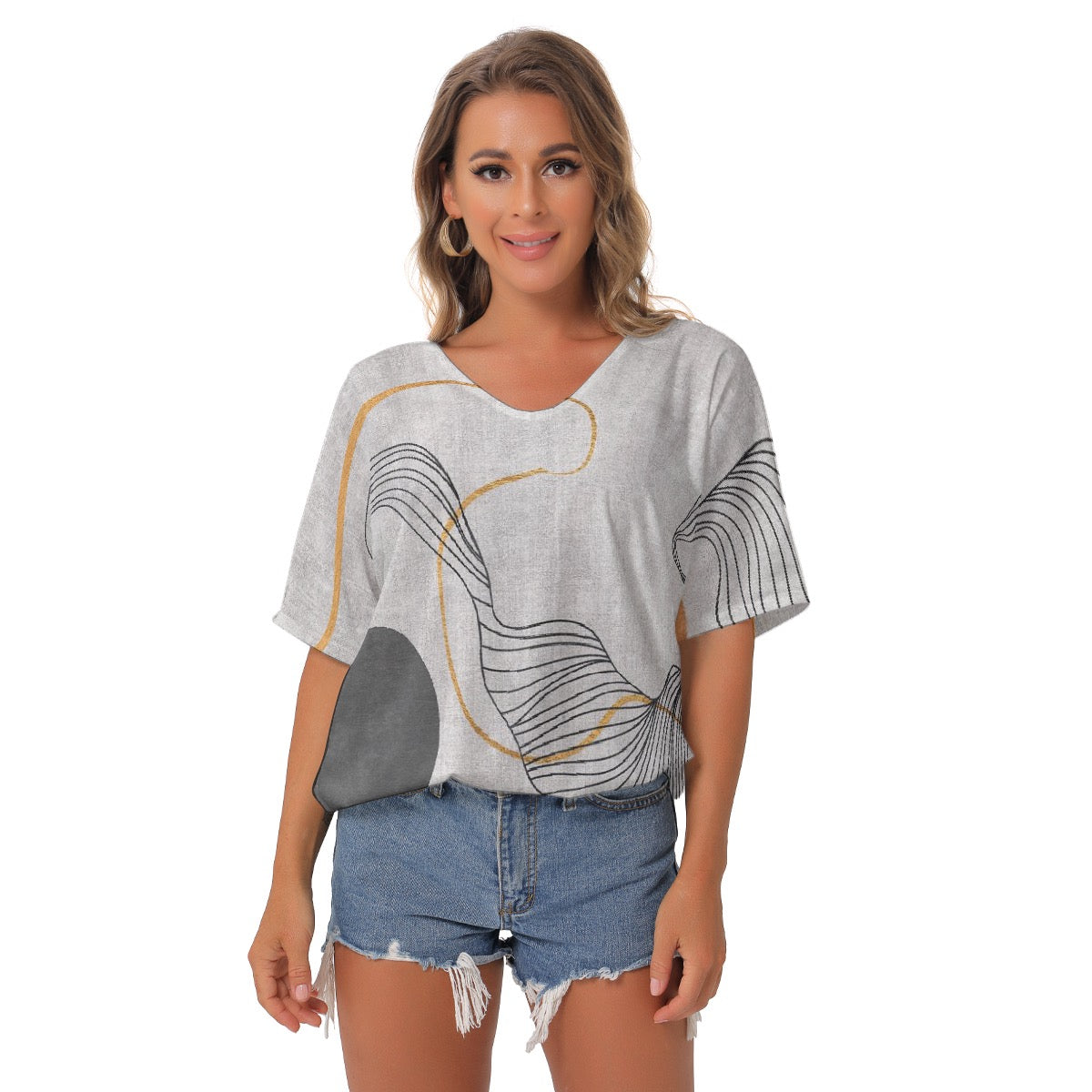 All-Over Print Women's Bat Sleeves V-Neck Blouse