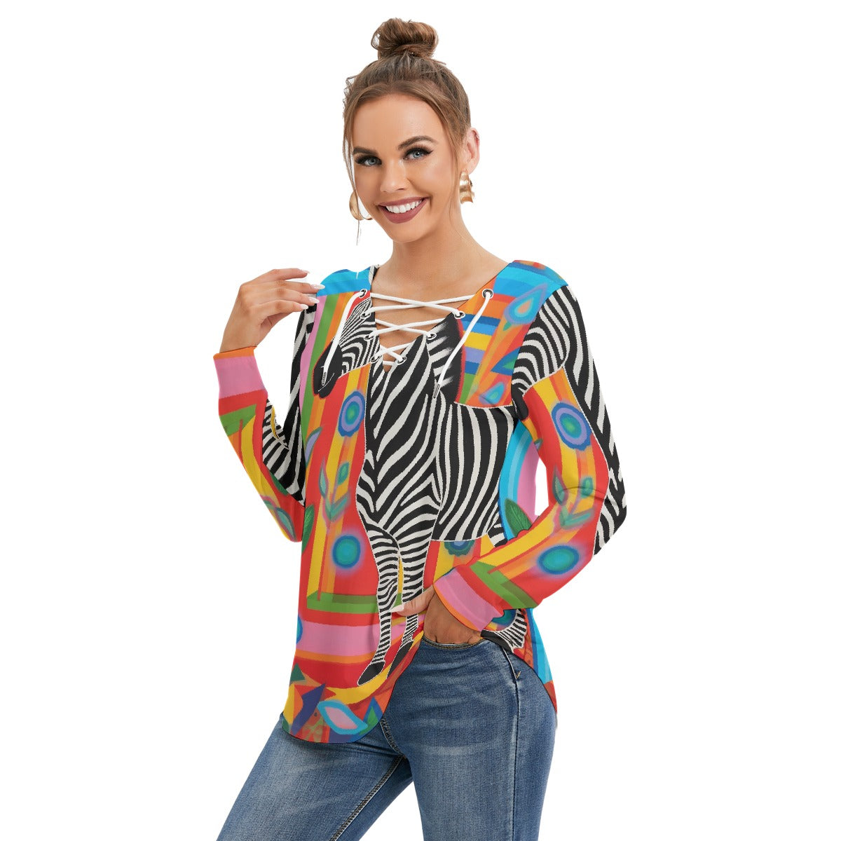 All-Over Print Women's Long Sleeve Neckline Tie Sweatshirt