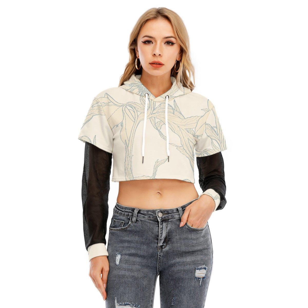 All-Over Print Women's Fake Two-piece Mesh Sleeve Cropped Hoodie