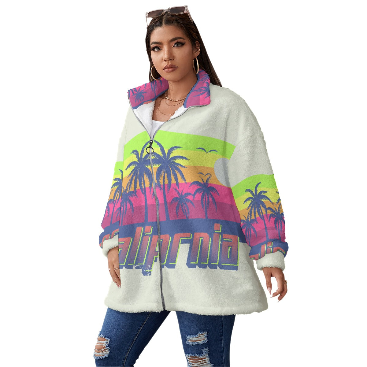 All-Over Print Unisex Borg Fleece Stand-up Collar Coat With Zipper Closure(Plus Size)