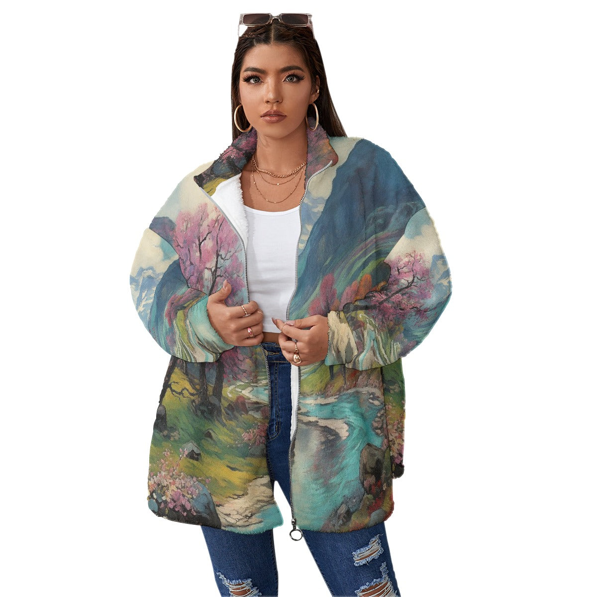 All-Over Print Unisex Borg Fleece Stand-up Collar Coat With Zipper Closure(Plus Size)