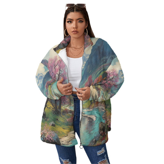 All-Over Print Unisex Borg Fleece Stand-up Collar Coat With Zipper Closure(Plus Size)